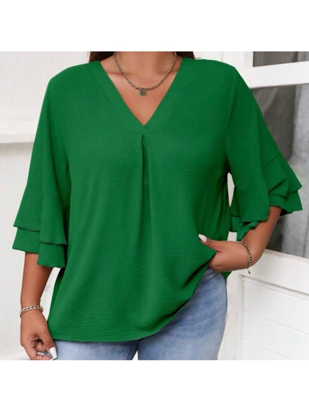 V-Neck Ruffle Sleeve Top - Green